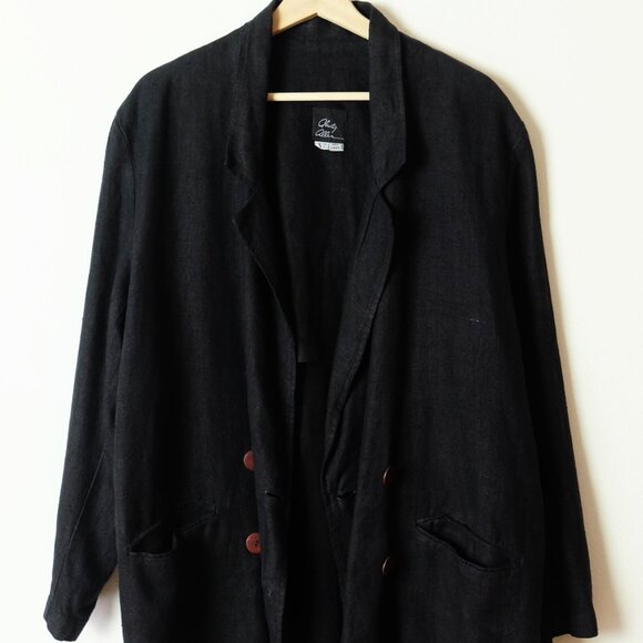 Vintage Oversized Black Pure Linen Double breasted Jacket/Blazer from 90s - Picture 2 of 9